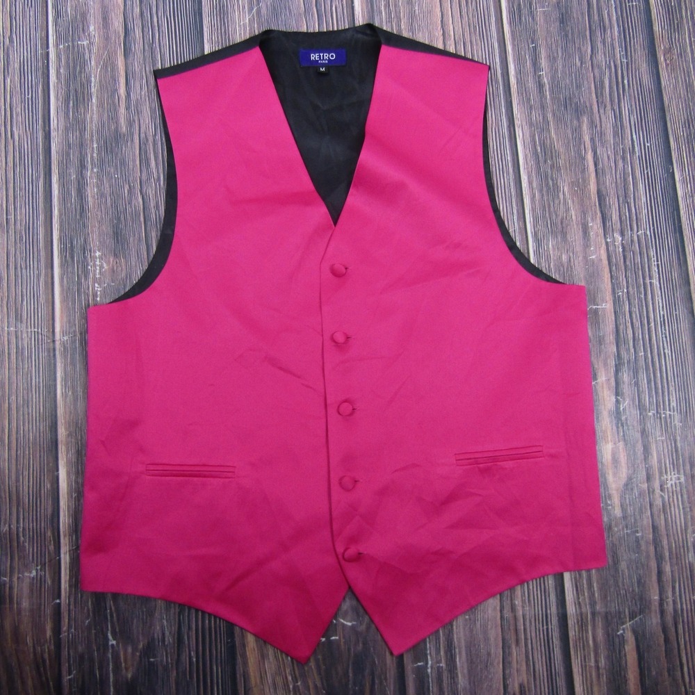 RETRO PARIS Vest Mens Medium Pink‎ Quilted Lined Pockets Belted Button Formal